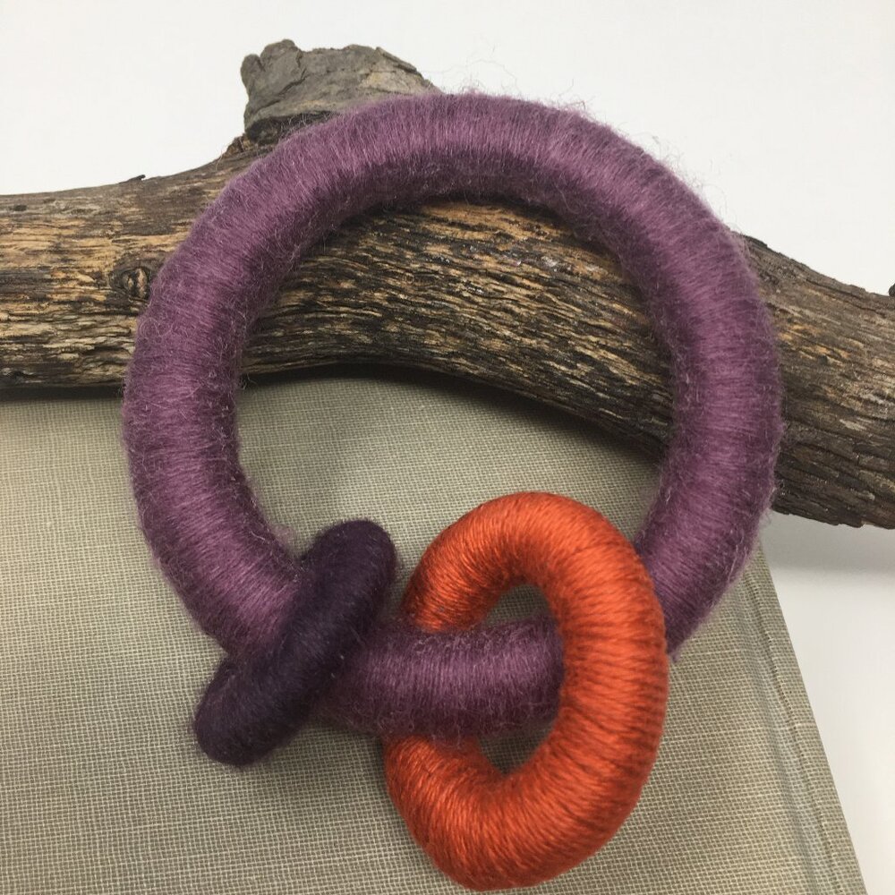 Handmade Lilac Orange Plum Wool Acrylic Cotton Wrapped Multi Wood Ring Bracelet